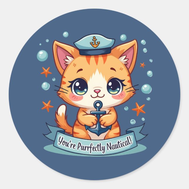 Kawaii Nautical Cat Sailing Anchor Pub Runder Aufkleber (Vorderseite)