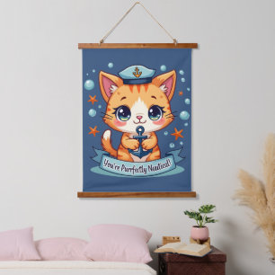 Kawaii Nautical Cat Sailing Anchor Pub Wandteppich Mit Holzrahmen