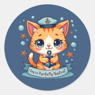 Kawaii Nautische Katze Segel Anker Wortspiel Runder Aufkleber