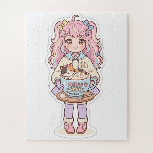 Kawaii Neko Cafe Anime Mädchen Chibi Puzzle (Vertikal)