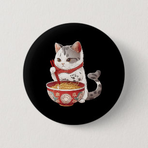 Kawaii NeKo Cat Eating Ramen Noodles Japanisches E Button