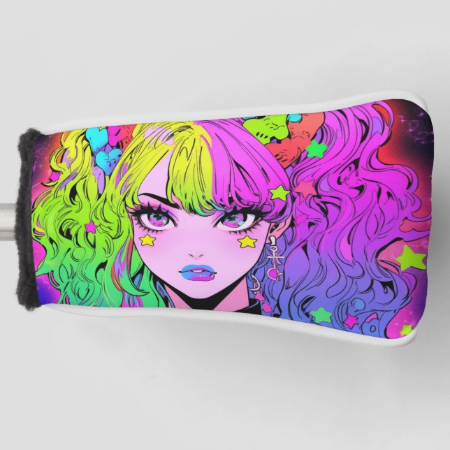 Kawaii Neon Rainbow Pigtails Bangs Anime Girl Golf Headcover (Vorderseite)