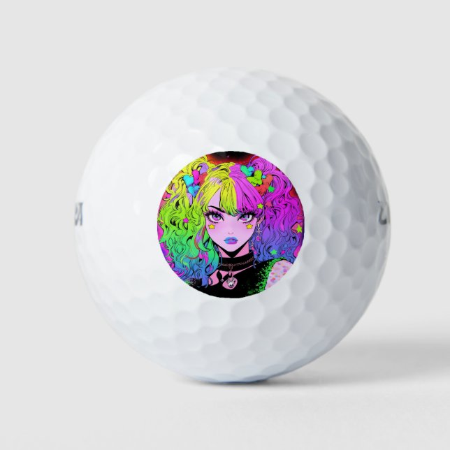 Kawaii Neon Rainbow Pigtails Bangs Anime Girl Golfball (Vorderseite)