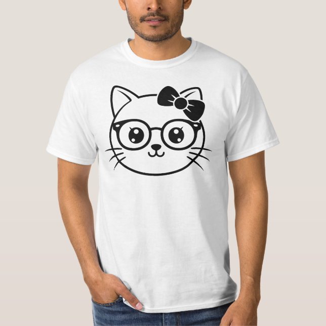 Kawaii Nerdy Cat Face with Glasses and Bow Line Ar T-Shirt (Vorderseite)