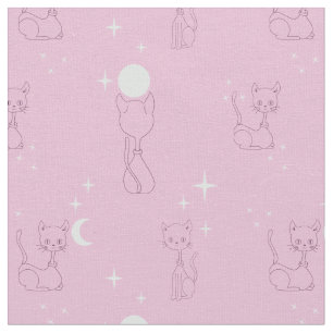 Kawaii Niedlich Cats Moon Stars Pink Muster Stoff