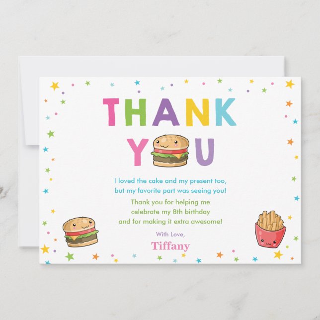 Kawaii Niedlich Fast Food Burger Party Girl Geburt Dankeskarte (Vorderseite)