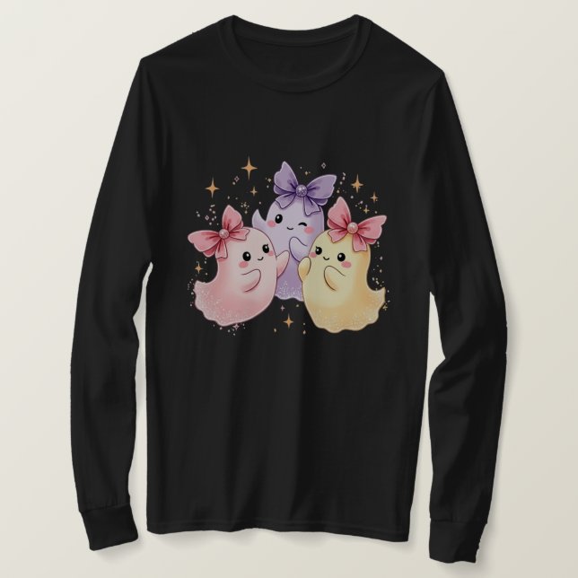 Kawaii Niedlich Pastel Ghosts mit Bows T-Shirt (Design vorne)