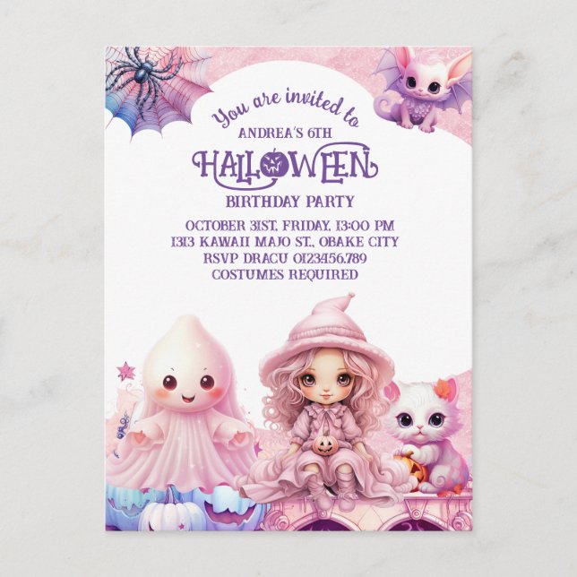 Kawaii Niedlich Pink Halloween Geburtstag Einladungspostkarte (Vorderseite)