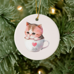 Kawaii Niedlich Striped Pink Chibi Cat Keramik Ornament