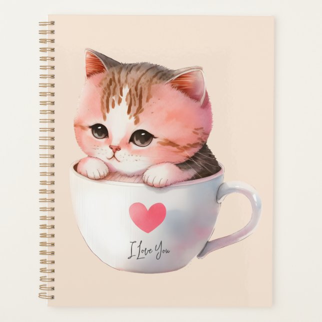 Kawaii Niedlich Striped Pink Chibi Cat Planer (Vorderseite)