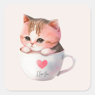Kawaii Niedlich Striped Pink Chibi Cat Quadratischer Aufkleber