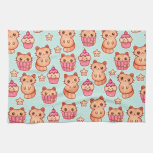 Kawaii Niedliche Katzen Cupcakes Pink und Blau Mus Küchentuch
