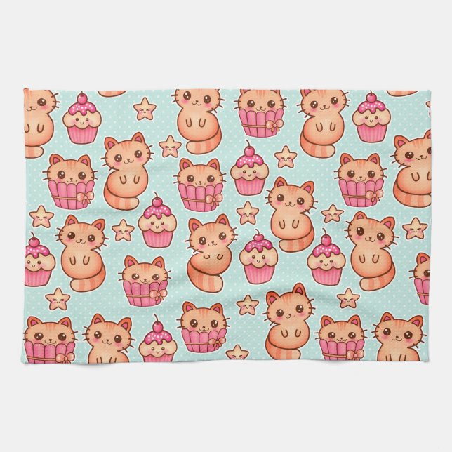 Kawaii Niedliche Katzen Cupcakes Pink und Blau Mus Küchentuch (Horizontal)