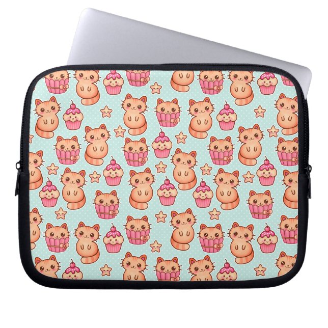 Kawaii Niedliche Katzen Cupcakes Pink und Blau Mus Laptopschutzhülle (Vorderseite)