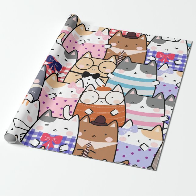 Kawaii Niedliche Katzen Nahtloses Muster Geschenkpapier (Ungerollt)