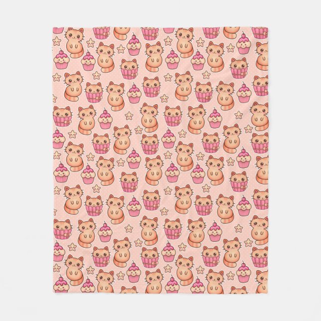 Kawaii Niedliche Katzen und Cupcakes rosa Muster Fleecedecke (Vorderseite)