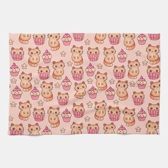 Kawaii Niedliche Katzen und Cupcakes rosa Muster Geschirrtuch (Horizontal)