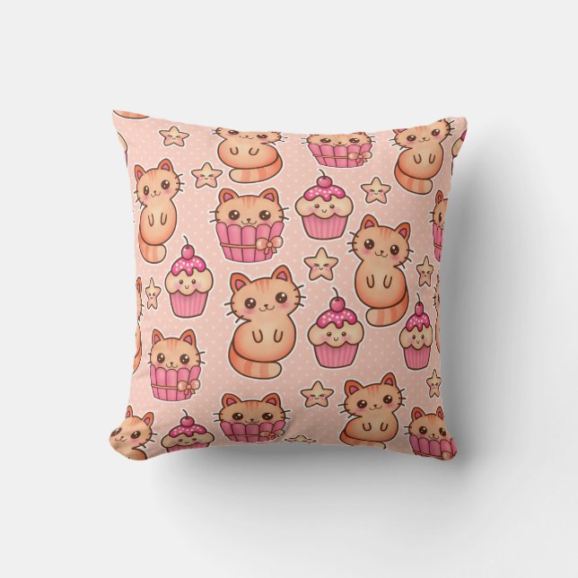 Kawaii Niedliche Katzen und Cupcakes rosa Muster Kissen (Vorderseite)