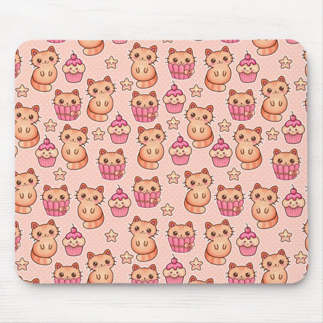 Kawaii Niedliche Katzen und Cupcakes rosa Muster Mousepad (Vorne)