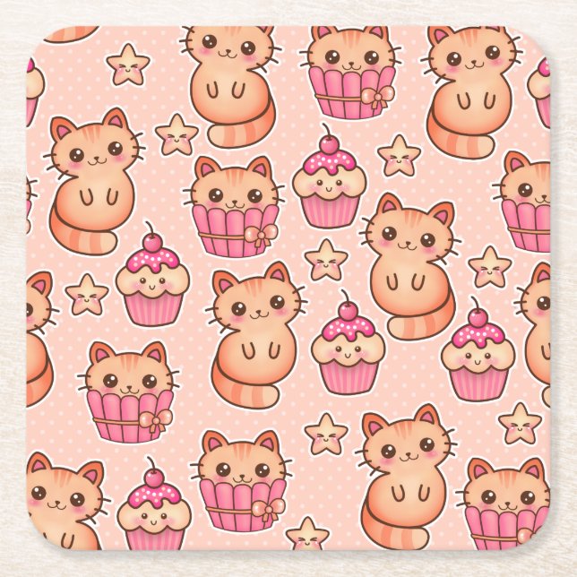 Kawaii Niedliche Katzen und Cupcakes rosa Muster Rechteckiger Pappuntersetzer (Vorderseite)