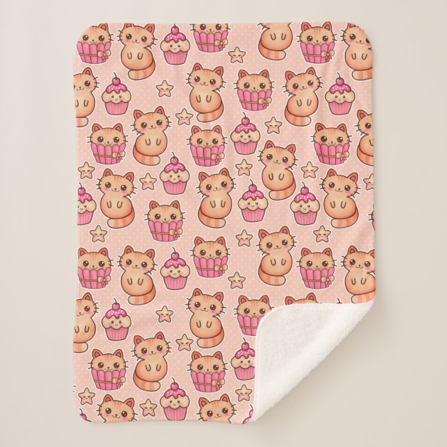 Kawaii Niedliche Katzen und Cupcakes rosa Muster Sherpadecke (Vorderseite)