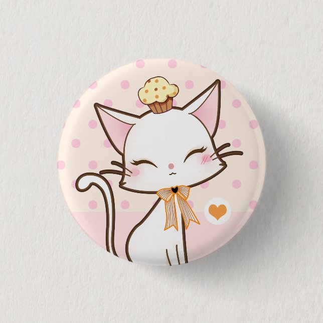 Kawaii niedliche weiße Katze mit kleinem Kuchen Button (Vorderseite)