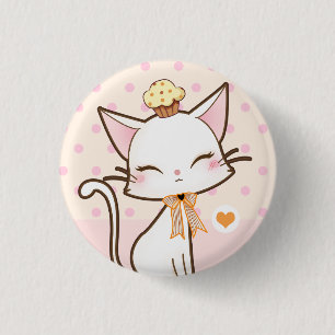 Kawaii niedliche weiße Katze mit kleinem Kuchen Button