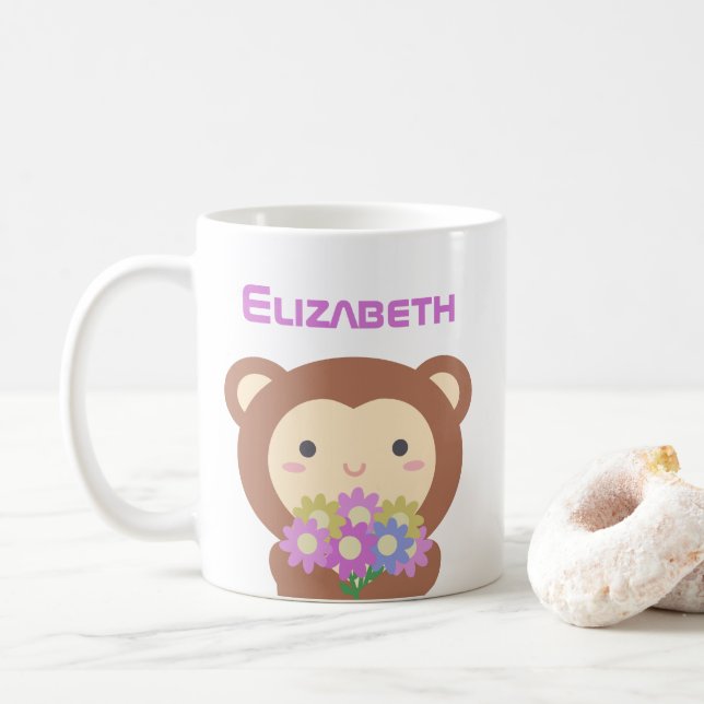 Kawaii Niedlicher Cartoon Affe Lila Rosa Blume Kaffeetasse (Mit Donut)