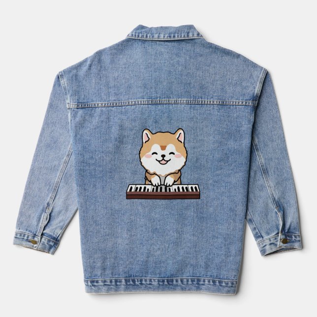 Kawaii Niedlicher Hund Klavierspielen Keyboard Jeansjacke (Rückseite)
