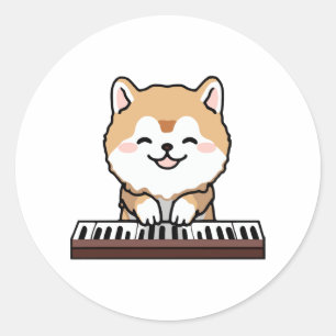 Kawaii Niedlicher Hund Klavierspielen Keyboard Runder Aufkleber