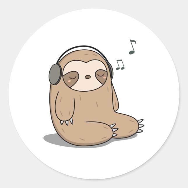 Kawaii Niedlicher Sloth Musik hören Runder Aufkleber (Vorderseite)