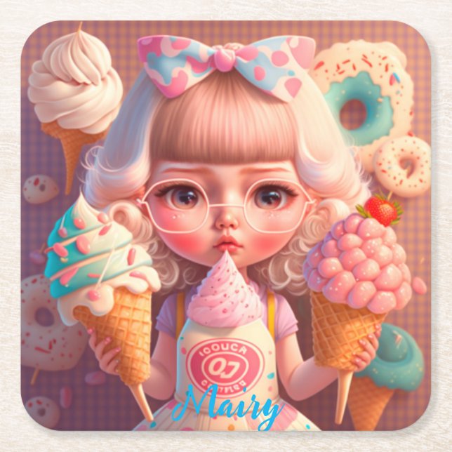 Kawaii niedliches Mädchen mit Eis Rechteckiger Pappuntersetzer (Vorderseite)