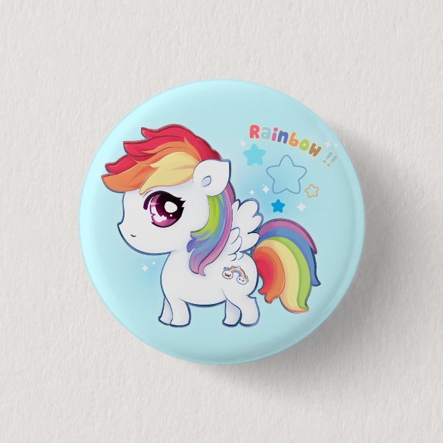 Kawaii niedliches Regenbogenpony mit Scheinsternen Button (Vorderseite)