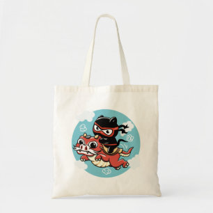 Kawaii Ninja Cat Riding a Red Dragon Button Tragetasche