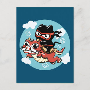 Kawaii Ninja Cat Riding a Red Dragon Postkarte
