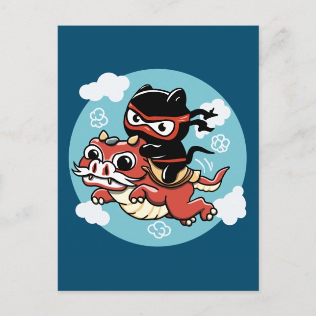 Kawaii Ninja Cat Riding a Red Dragon Postkarte (Vorderseite)