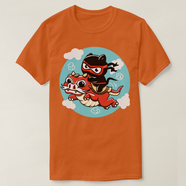 Kawaii Ninja Cat Riding a Red Dragon T-Shirt (Design vorne)
