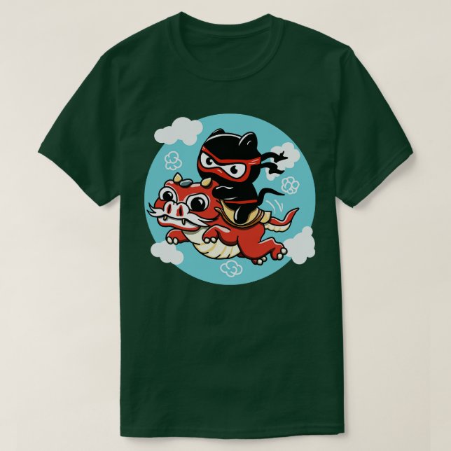 Kawaii Ninja Cat Riding a Red Dragon T-Shirt (Design vorne)