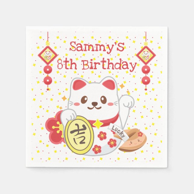 Kawaii Oriental Lucky Cat Birthday Party Serviette (Vorderseite)