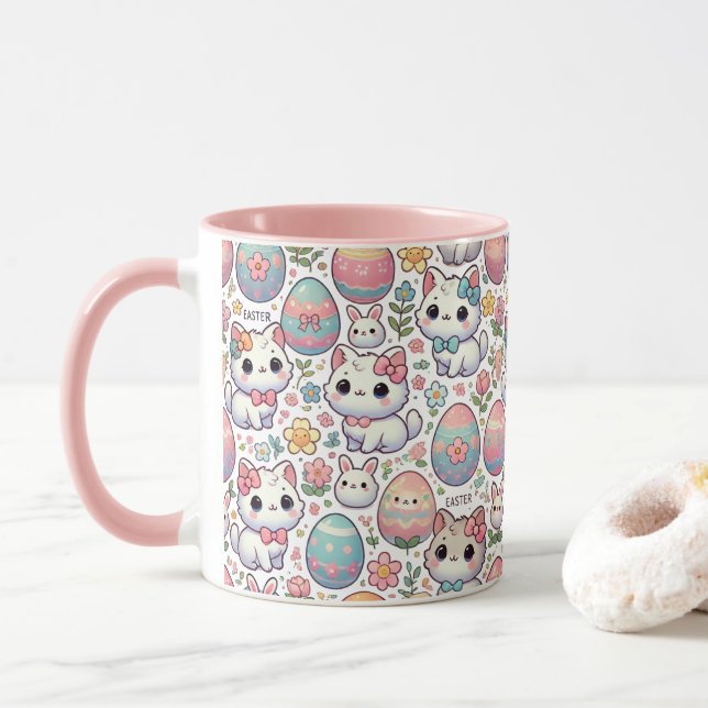 Kawaii Osterkatze Tasse - Niedliche Kitty - farben (Mit Donut)