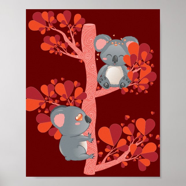 Kawaii-Paar Koalas mit Herz-Baum Poster (Vorne)