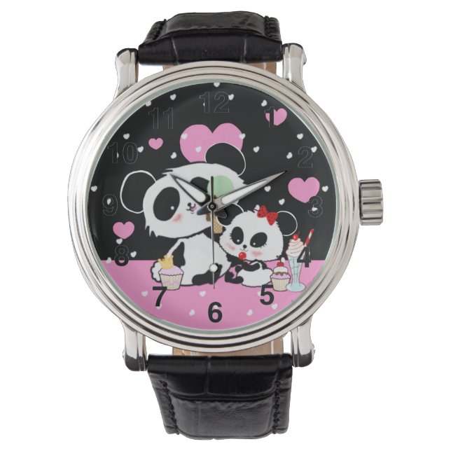 Kawaii Panda Bear Picnic Mutter Tochter von Leah G Armbanduhr (Vorderseite)