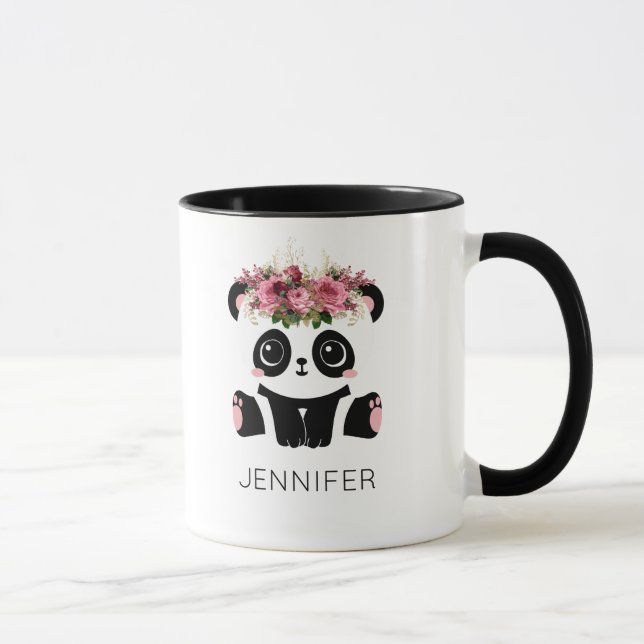 Kawaii Panda Gesicht blumengeschmückt personalisie Tasse (Rechts)