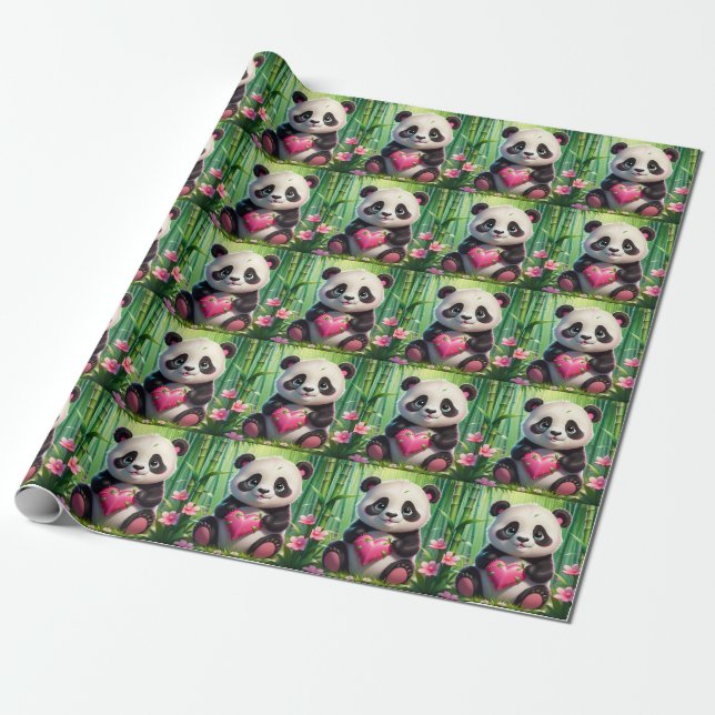 Kawaii Panda Holding Herz in einem Bambuswald Geschenkpapier (Ungerollt)