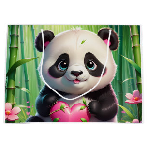 Kawaii Panda Holding Herz in einem Bambuswald Große Geschenktüte