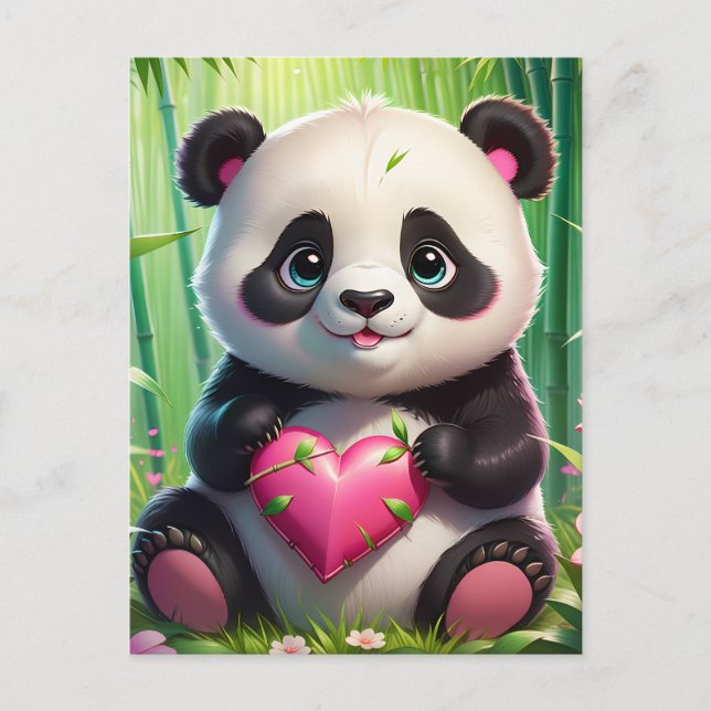 Kawaii Panda Holding Herz in einem Bambuswald Postkarte (Vorderseite)
