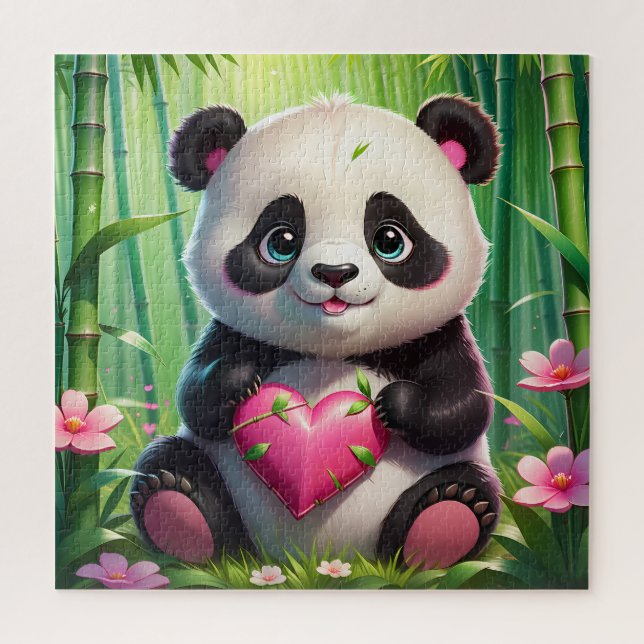 Kawaii Panda Holding Herz in einem Bambuswald Puzzle (Vertikal)
