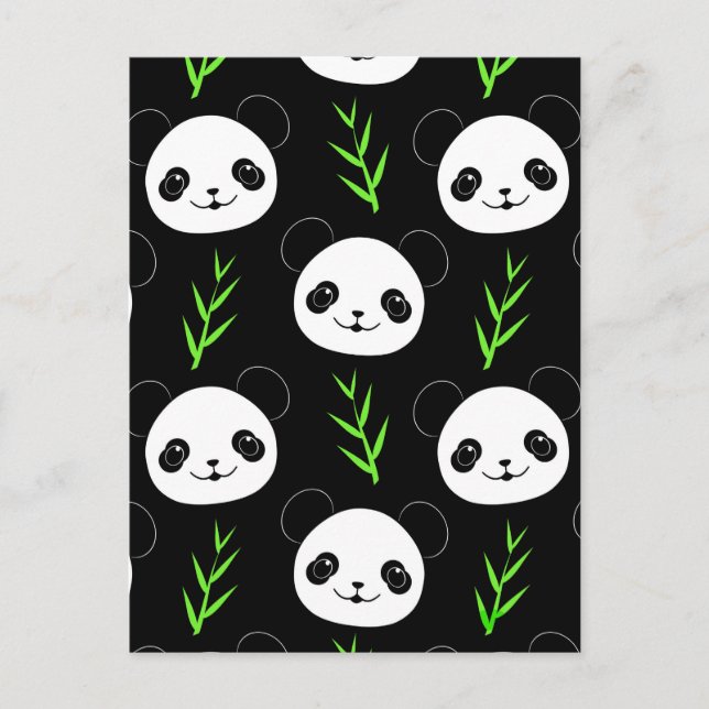 Kawaii Panda Muster Bamboo in Schwarz-weiß grün Postkarte (Vorderseite)