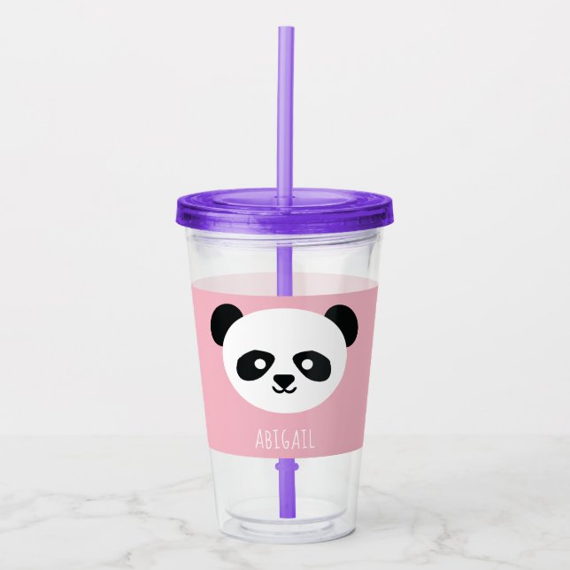 Kawaii Panda Niedlich Kids Pink Personalisiert Acryltrinkbecher (Vorderseite)