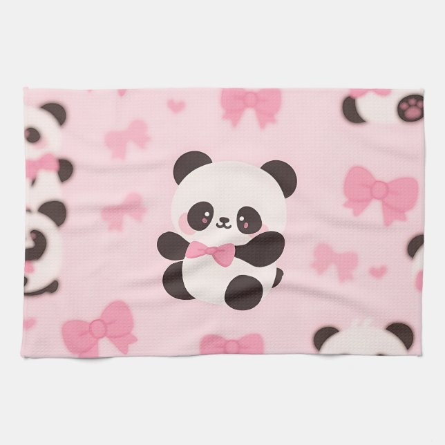 Kawaii Panda Rosa Schleife Muster Geschirrtuch (Horizontal)